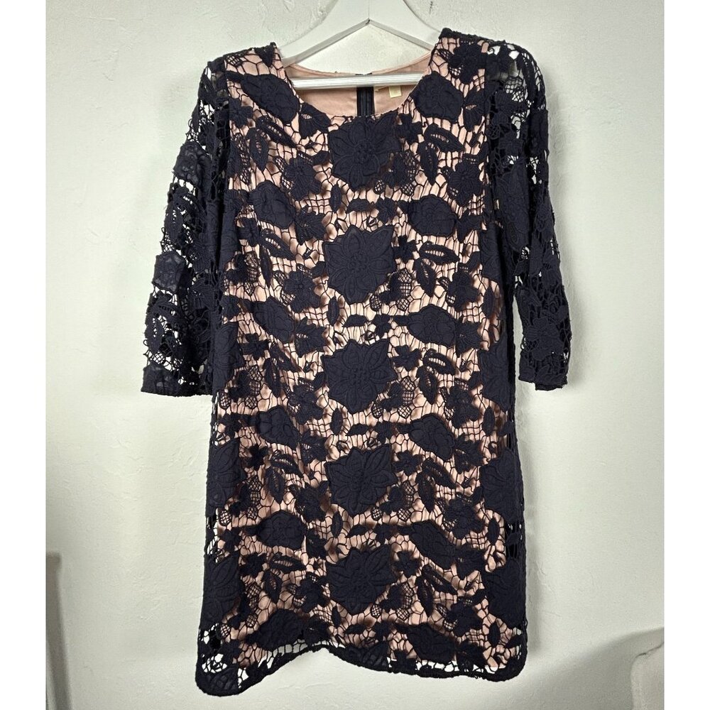 Erin Womens Navy Lace Overlay 3/4 Sleeve Sheath Dress Size 12 Peach Lined Career